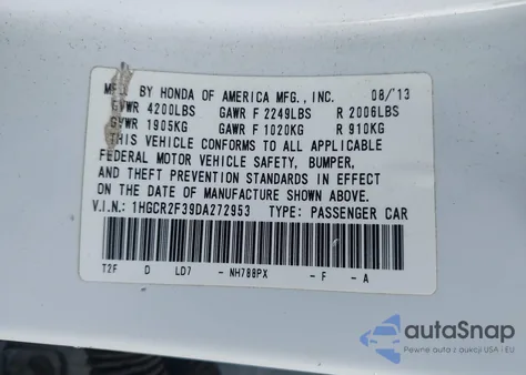 2013 Honda Accord Lx из США, поврежденный, VIN 1HGCR2F39DA272953